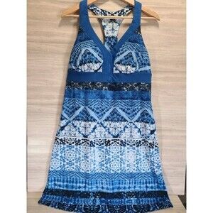 Gerry Blue Geometric Dress Size L Sleeveless Halter Casual Summer Travel Style